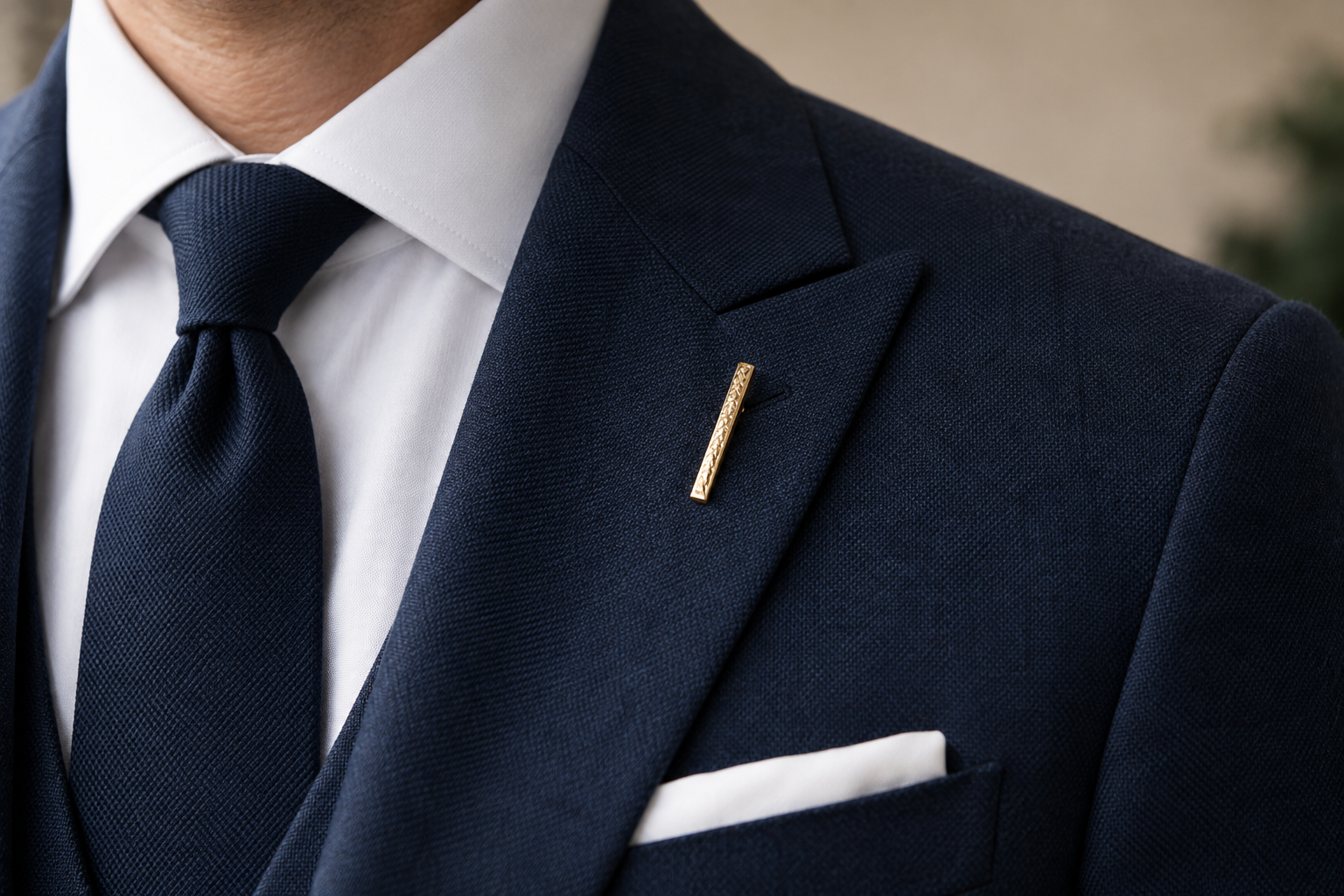 Slim gold bar brooch on a navy suit lapel.