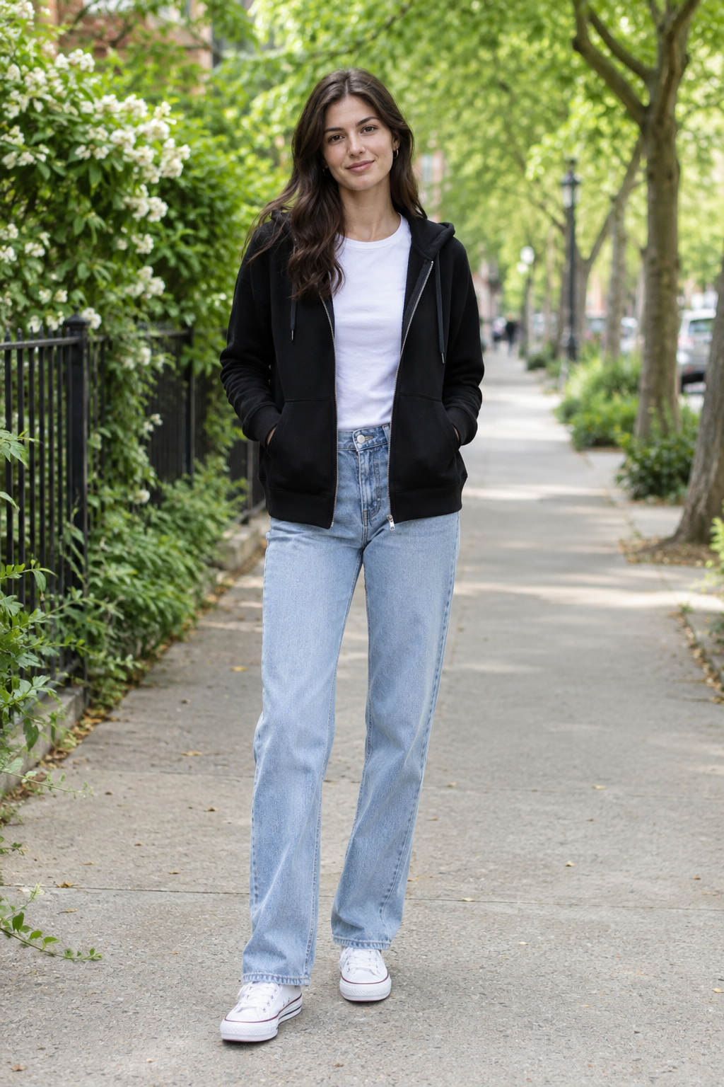 A woman with long dark hair stands on a tree-lined sidewalk wearing an open black zip-up hoodie over a white t-shirt, light blue straight-leg jeans, and white sneakers.