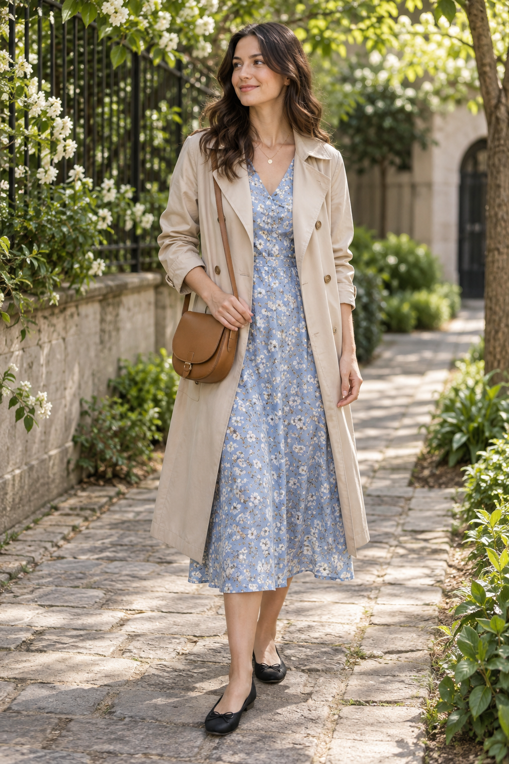 A woman walks on a stone path wearing a blue floral dress, beige trench coat, brown crossbody bag, and black ballet flats.