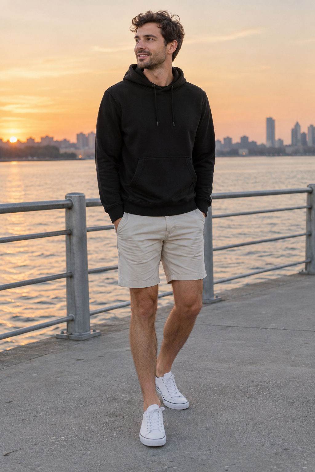A smiling man in a black hoodie, beige shorts, and white sneakers stands on a waterfront pier with hands in pockets. A city skyline is silhouetted against a golden sunset over the water.