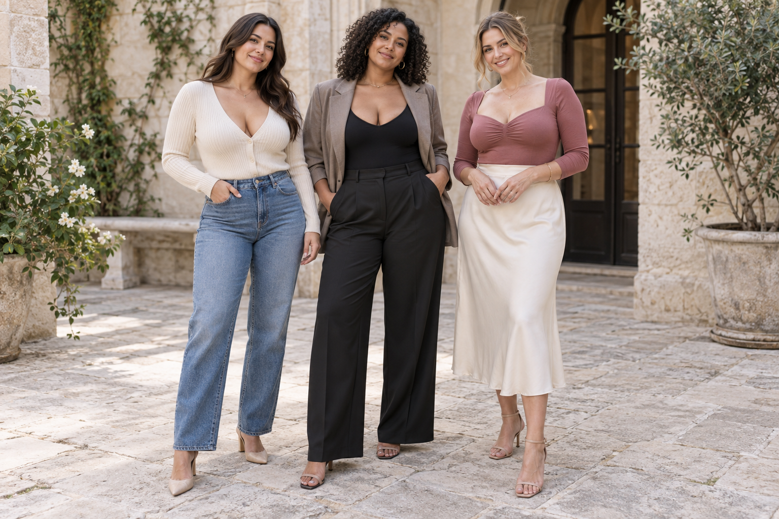 Three women pose on a stone patio: one in a cream cardigan and jeans, one in a blazer and black trousers, and one in a pink top and cream skirt.