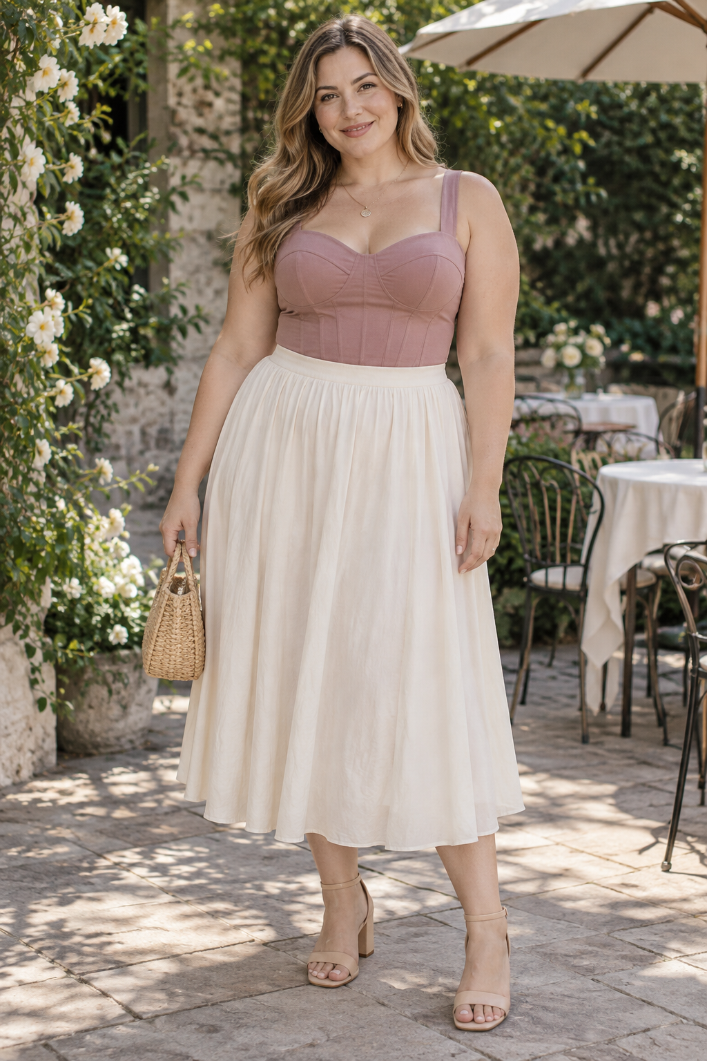 A woman stands outdoors wearing a dusty rose corset top and cream midi skirt, holding a woven straw bag. She wears nude block heels near white flowers and patio furniture.