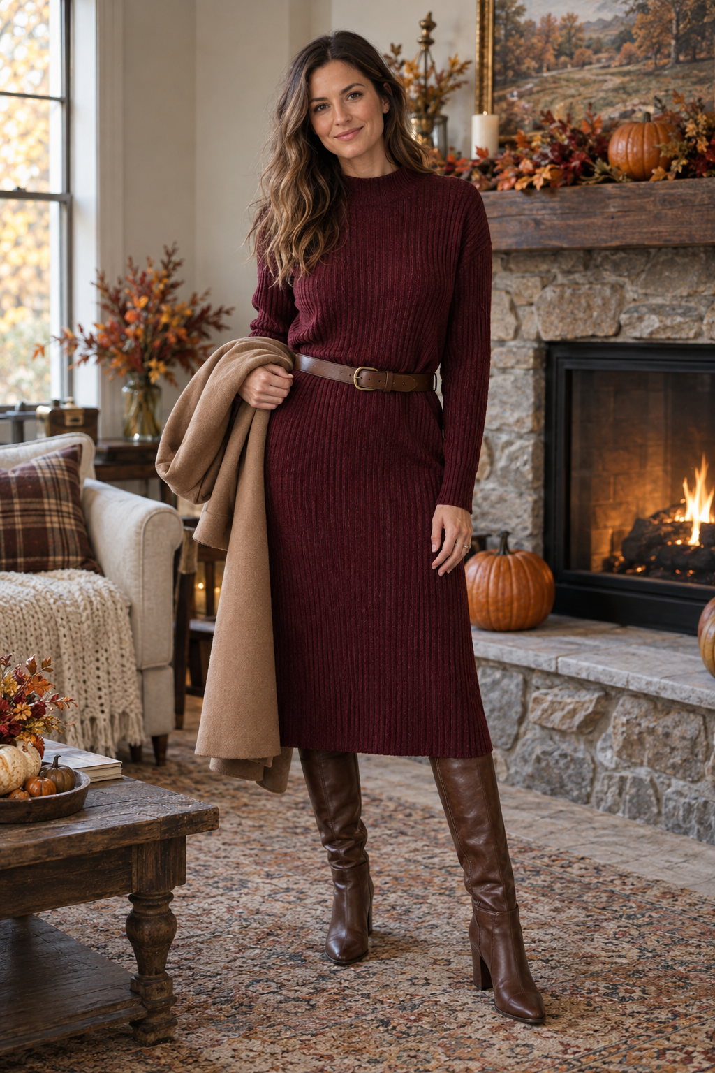 Woman in a burgundy ribbed knit midi dress with a brown belt and tall leather boots, holding a camel coat. Autumn decor with pumpkins and a lit fireplace in the background.