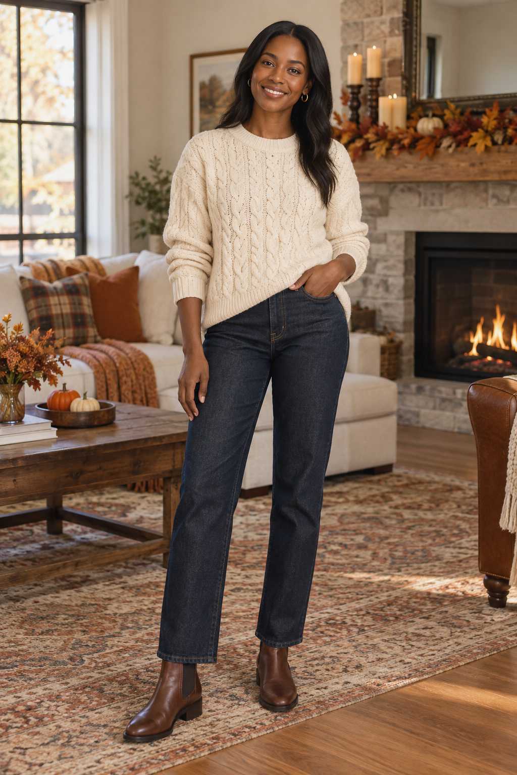Smiling woman in cream cable-knit sweater, dark straight-leg jeans, and brown boots stands in a cozy living room with a lit fireplace and fall decor.