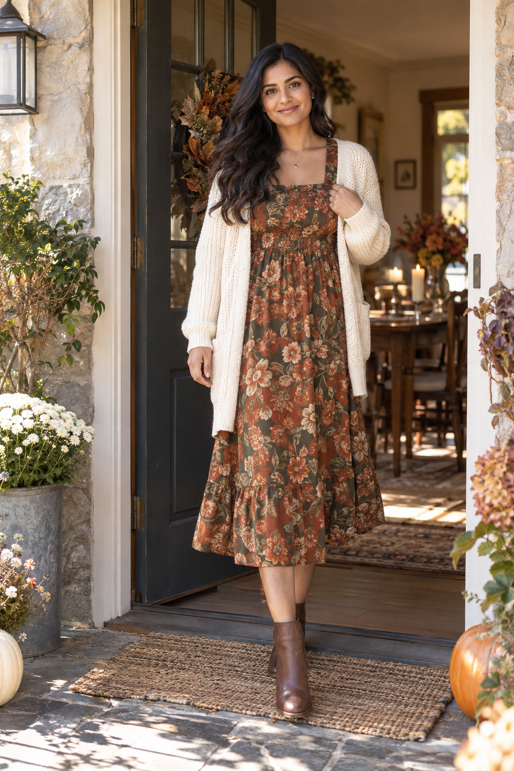 A smiling woman steps from a doorway wearing a rust and green floral midi dress, cream knit cardigan, and brown ankle boots, surrounded by fall decor.