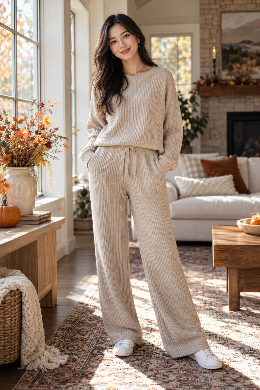 Woman in a beige ribbed knit matching set with wide-leg pants and white sneakers, standing in a sunlit living room with fall decor.