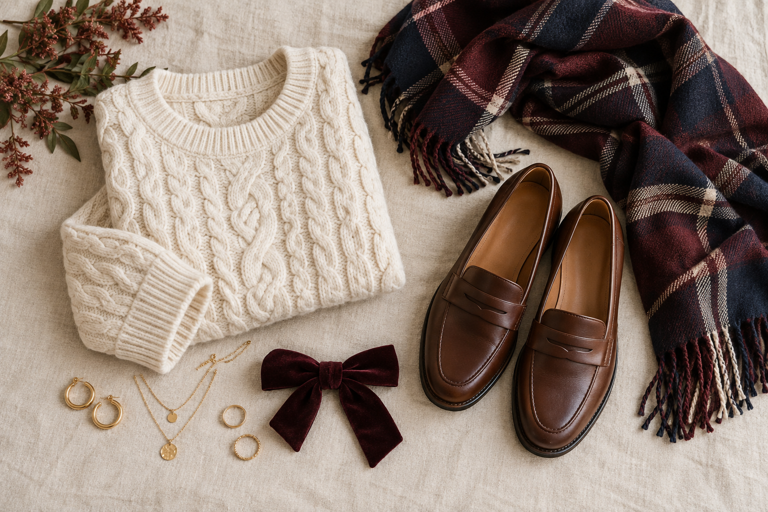 A flat lay of a cream cable-knit sweater, brown loafers, plaid scarf, velvet bow, and gold jewelry on beige linen.