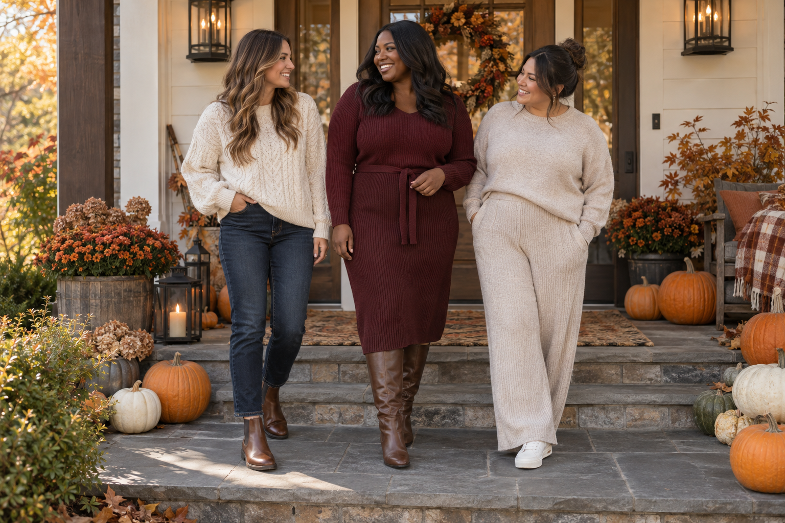 Three smiling women in fall fashion walk down porch steps surrounded by pumpkins and autumn decor. One wears a cream sweater and jeans, another a burgundy knit dress with boots, and the third a beige matching set.