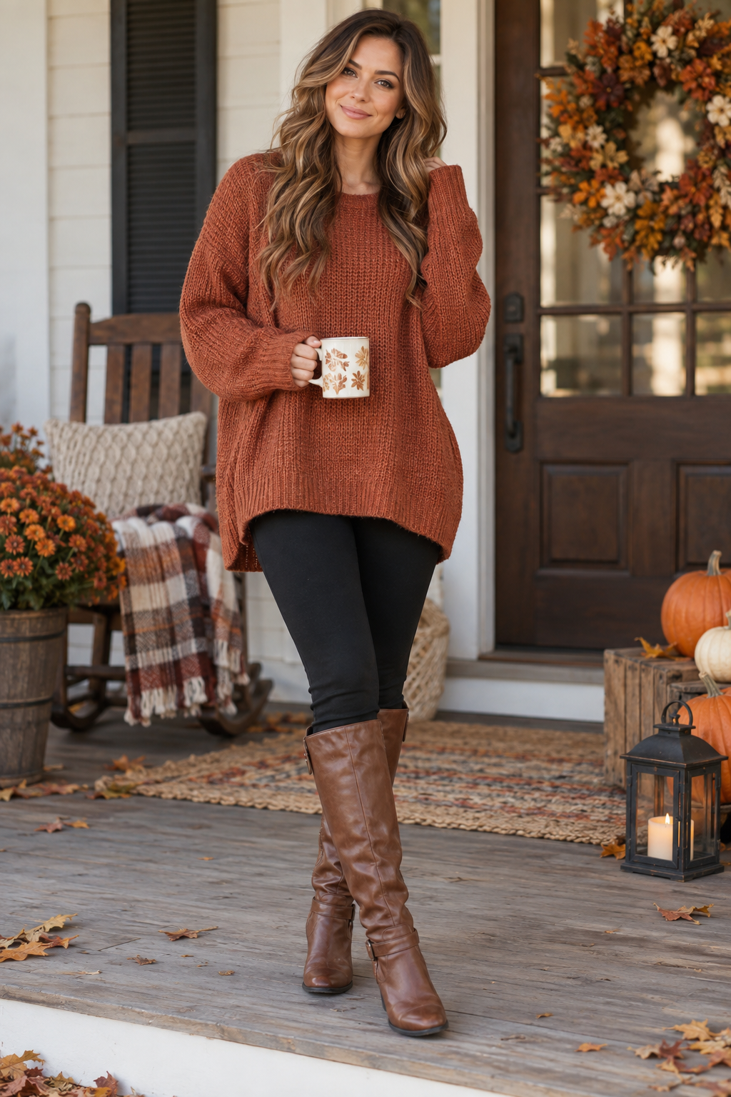 Woman in rust knit sweater, black leggings, and brown boots holds a leaf-print mug on a porch with pumpkins, a lantern, and an autumn wreath.