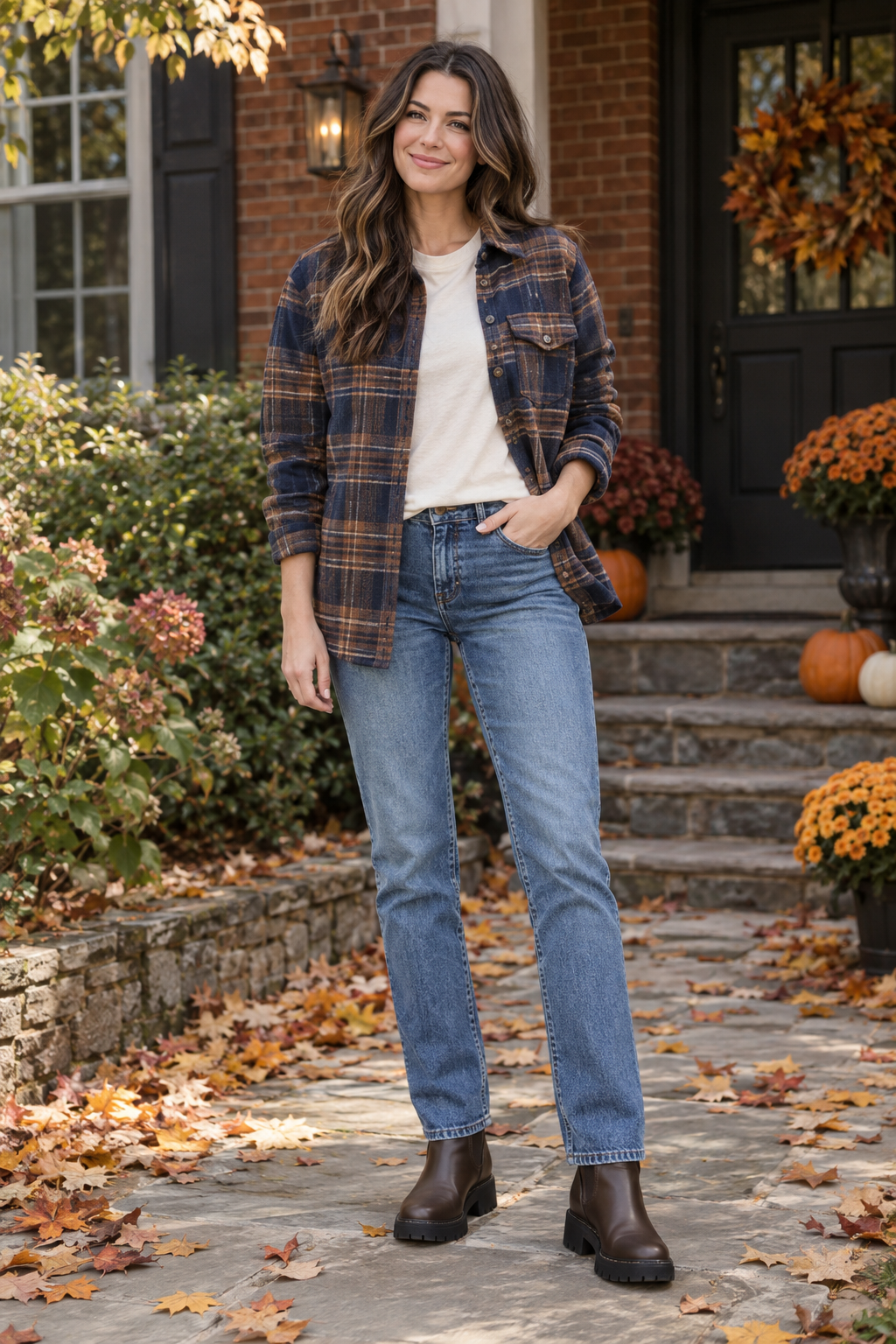 Woman in blue and brown plaid shirt, white tee, straight-leg jeans, and brown boots stands on a leaf-strewn path before a brick home with fall pumpkins and mums.