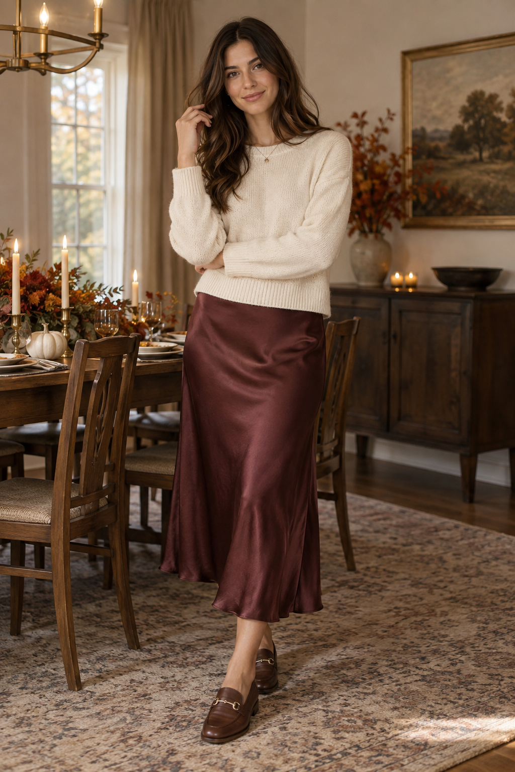 Woman in a cream knit sweater and burgundy satin midi skirt stands in a dining room with an autumn-themed table setting, candles, and wooden furniture.