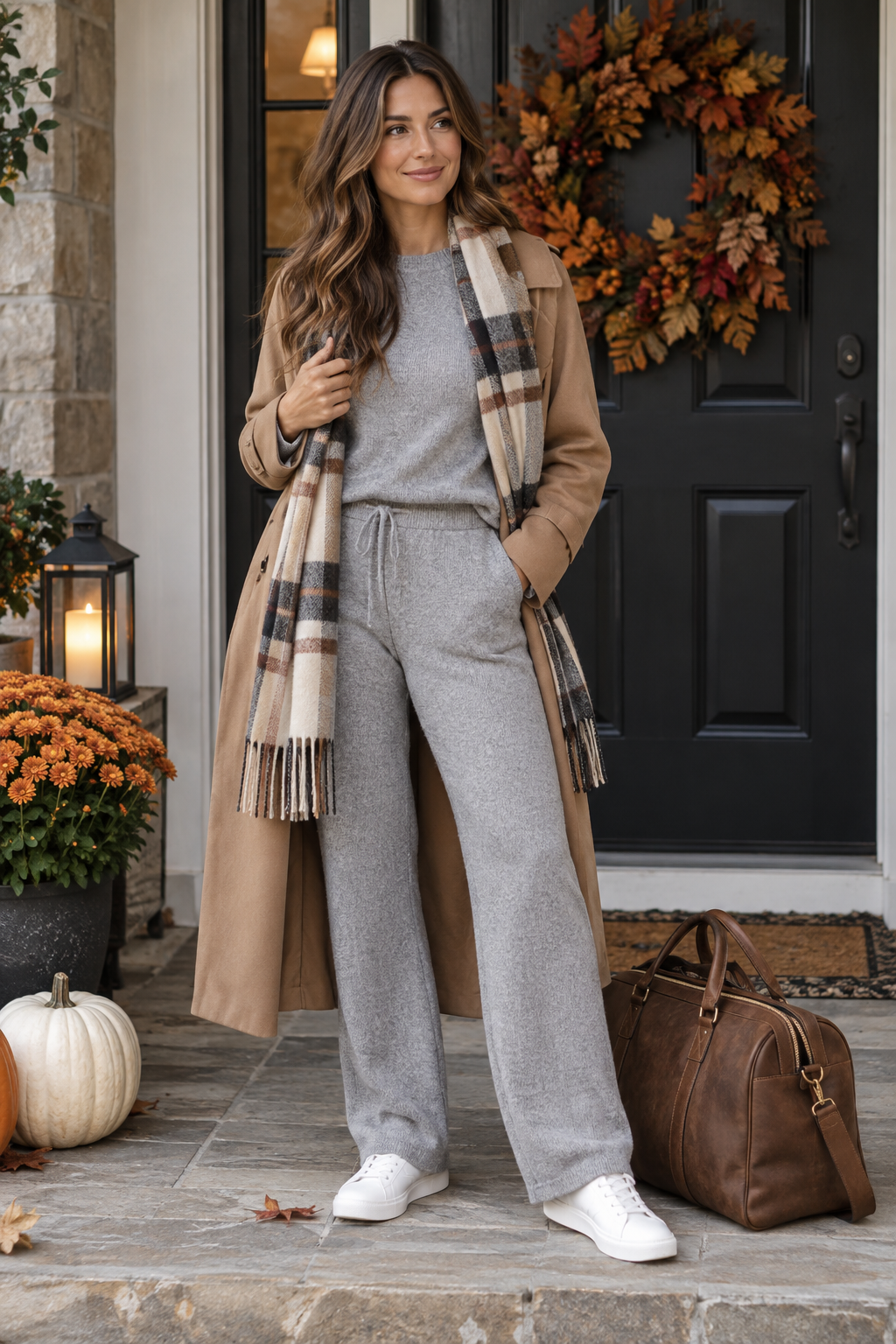 Woman in grey sweatsuit, camel coat, and plaid scarf stands on a porch with fall decor, pumpkins, and a brown leather bag.