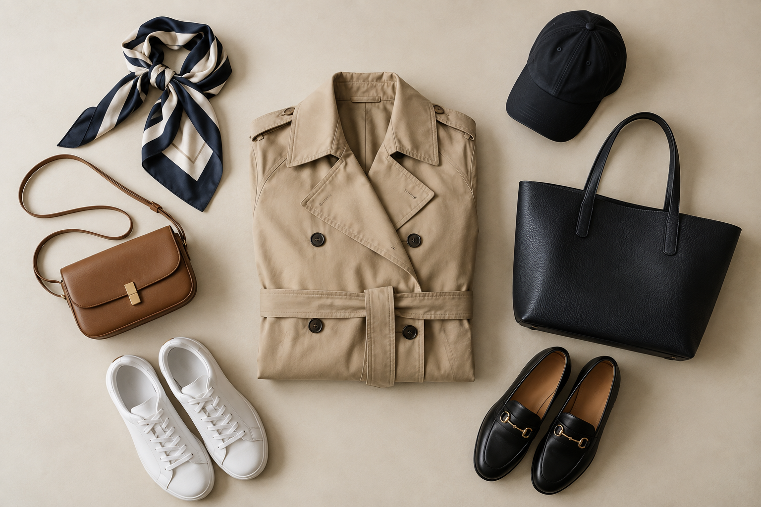 A flat lay of a folded beige trench coat surrounded by accessories: striped scarf, brown crossbody bag, white sneakers, black cap, black tote bag, and black loafers with gold hardware.