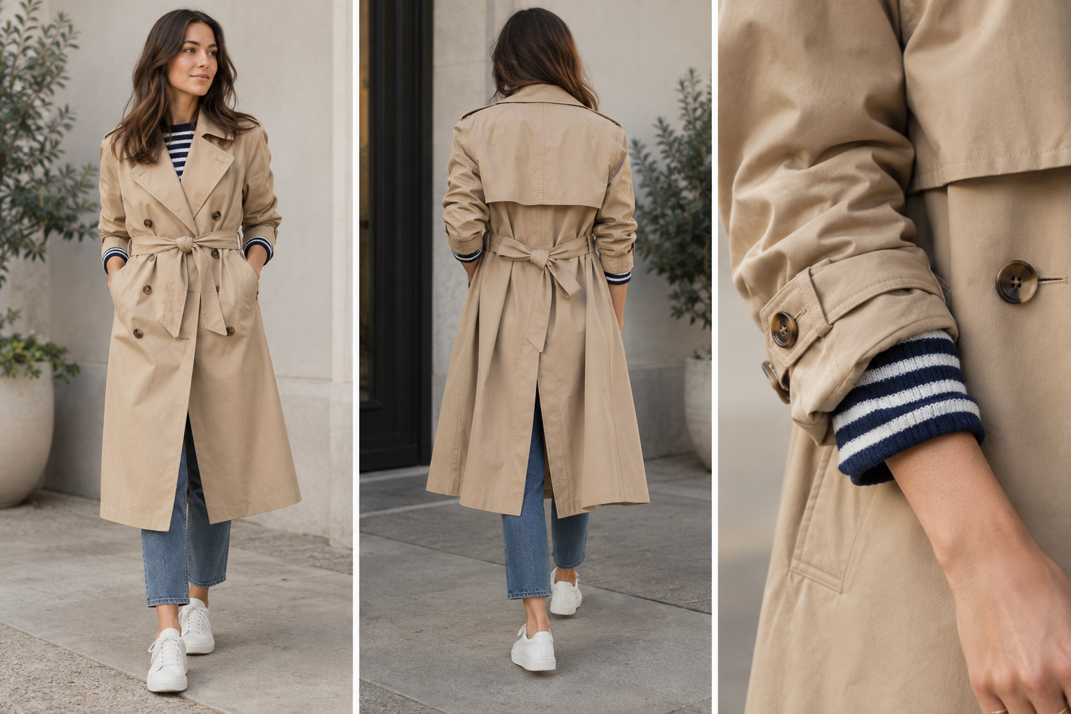 A woman models a beige trench coat with a striped navy and white sweater underneath, paired with blue jeans and white sneakers. Close-up shows sleeve detail.