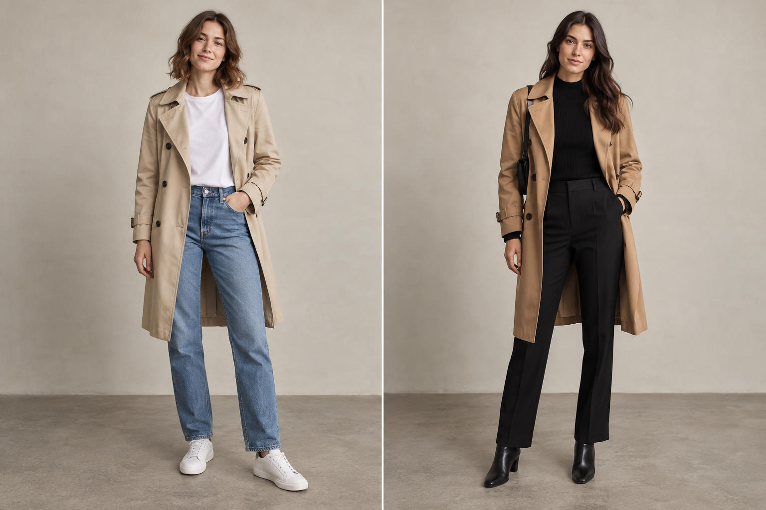 Split image showing a beige trench coat styled casually with jeans and white sneakers on the left, and dressed up with black trousers, boots, and a bag on the right.