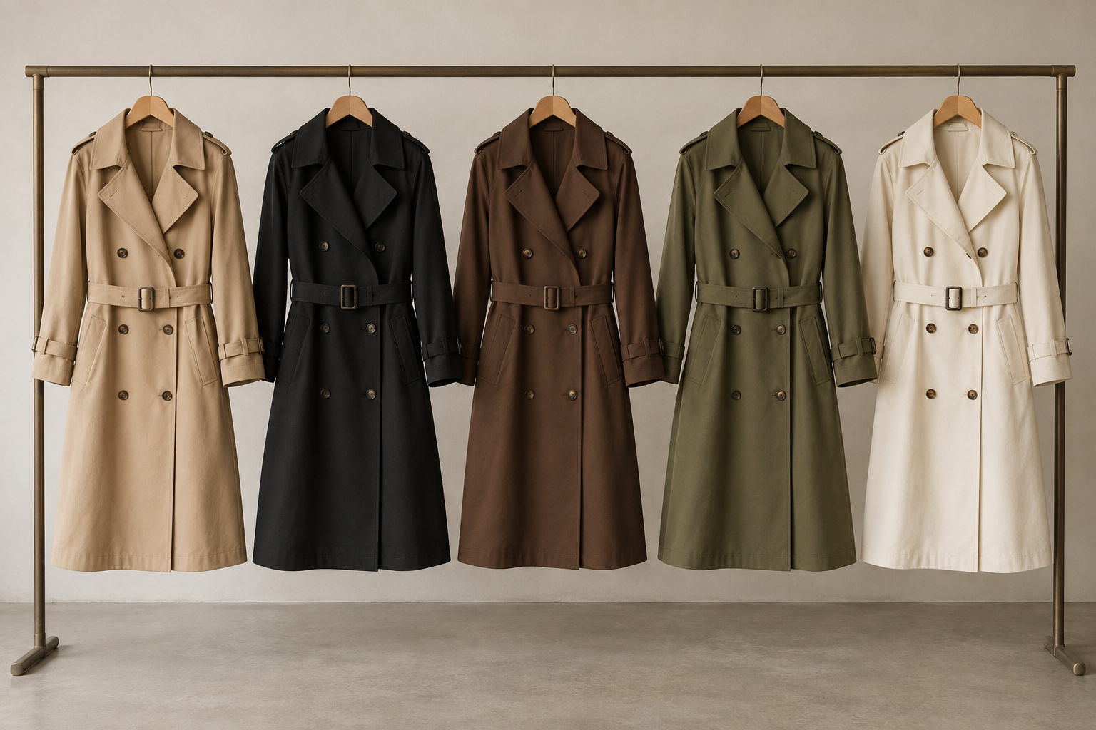 Five double-breasted trench coats hang on a metal rack in beige, black, brown, olive green, and cream. Each features belts, wide lapels, and button details.