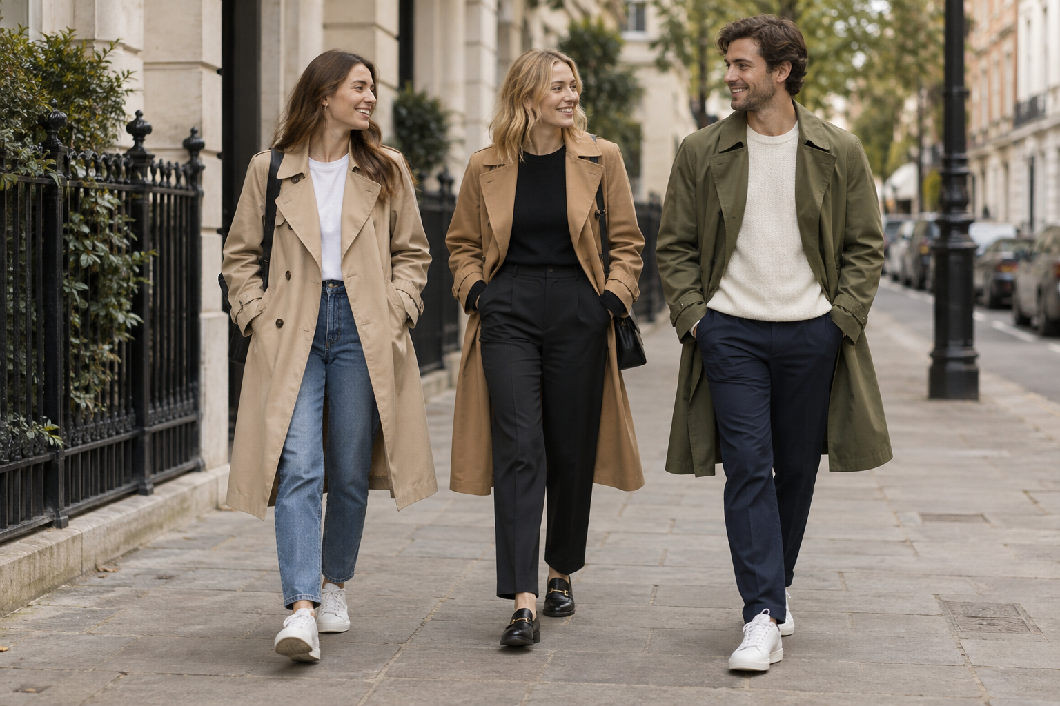 Two women in beige trench coats and a man in an olive green coat walk smiling down a city sidewalk. They wear casual stylish outfits including jeans, black trousers, and sneakers.