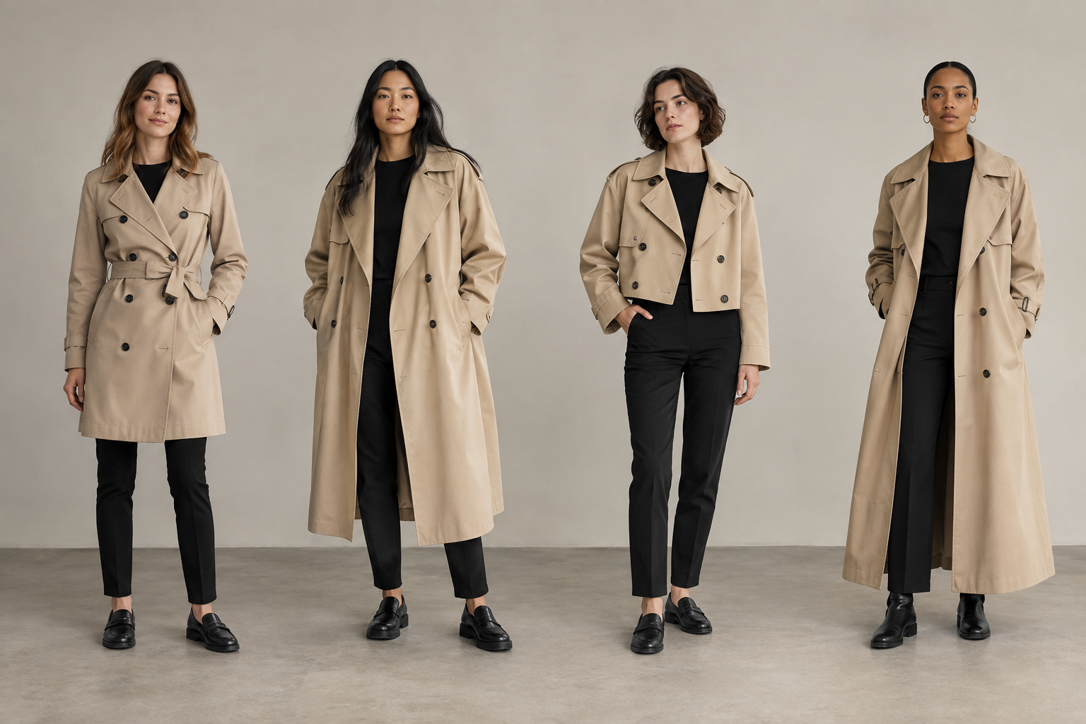 Four diverse models display beige trench coats in varying lengths—knee, midi, cropped, and floor—paired with black tops, trousers, and shoes against a neutral background.