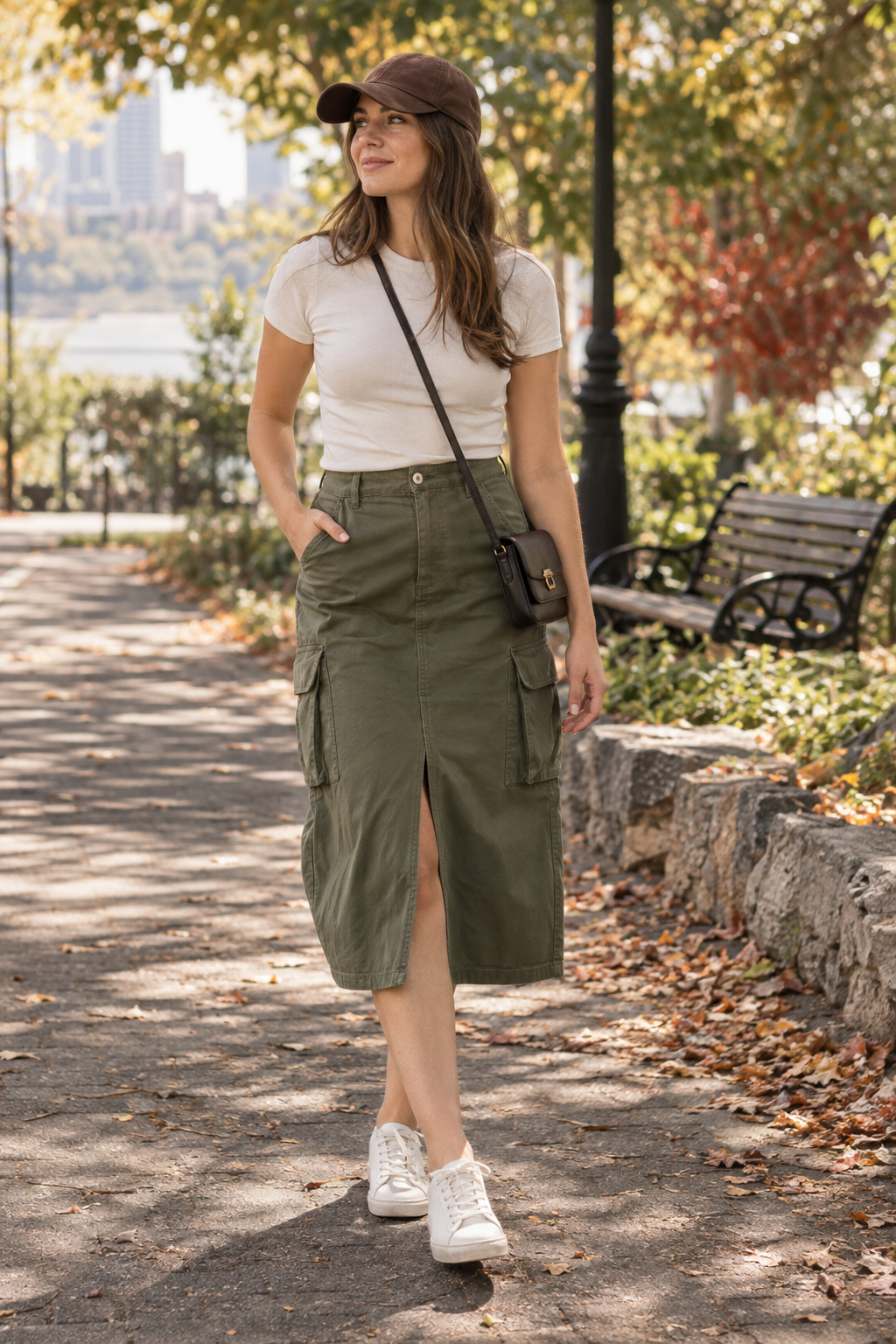 Woman in park wearing olive green cargo midi skirt with front slit, white t-shirt, brown cap, crossbody bag, and white sneakers. Autumn leaves on path.