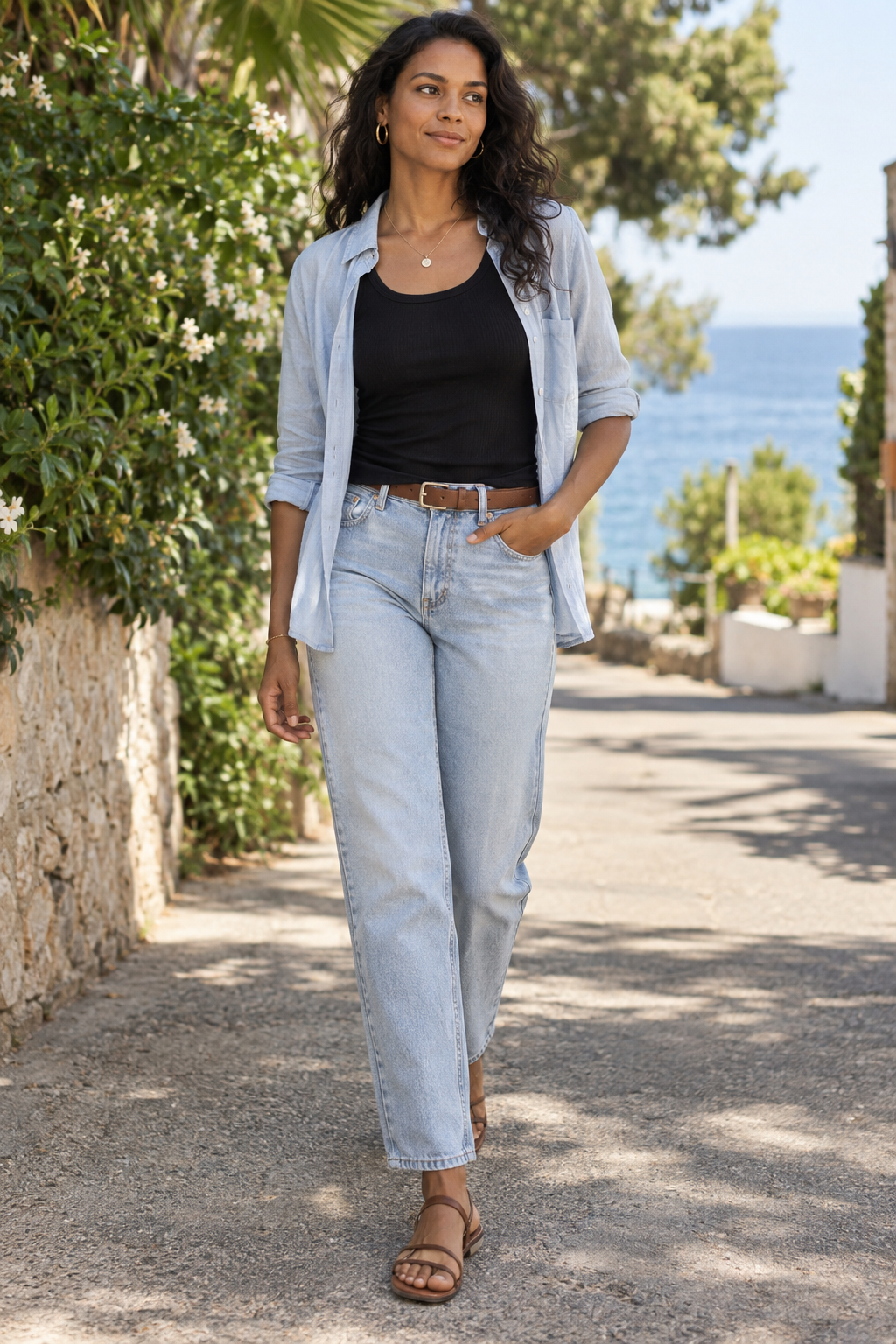 A woman with dark curly hair walks on a sunny path wearing light blue jeans, an open chambray shirt over a black top, and brown sandals. A stone wall with white flowers is to her left; the ocean is in the background.