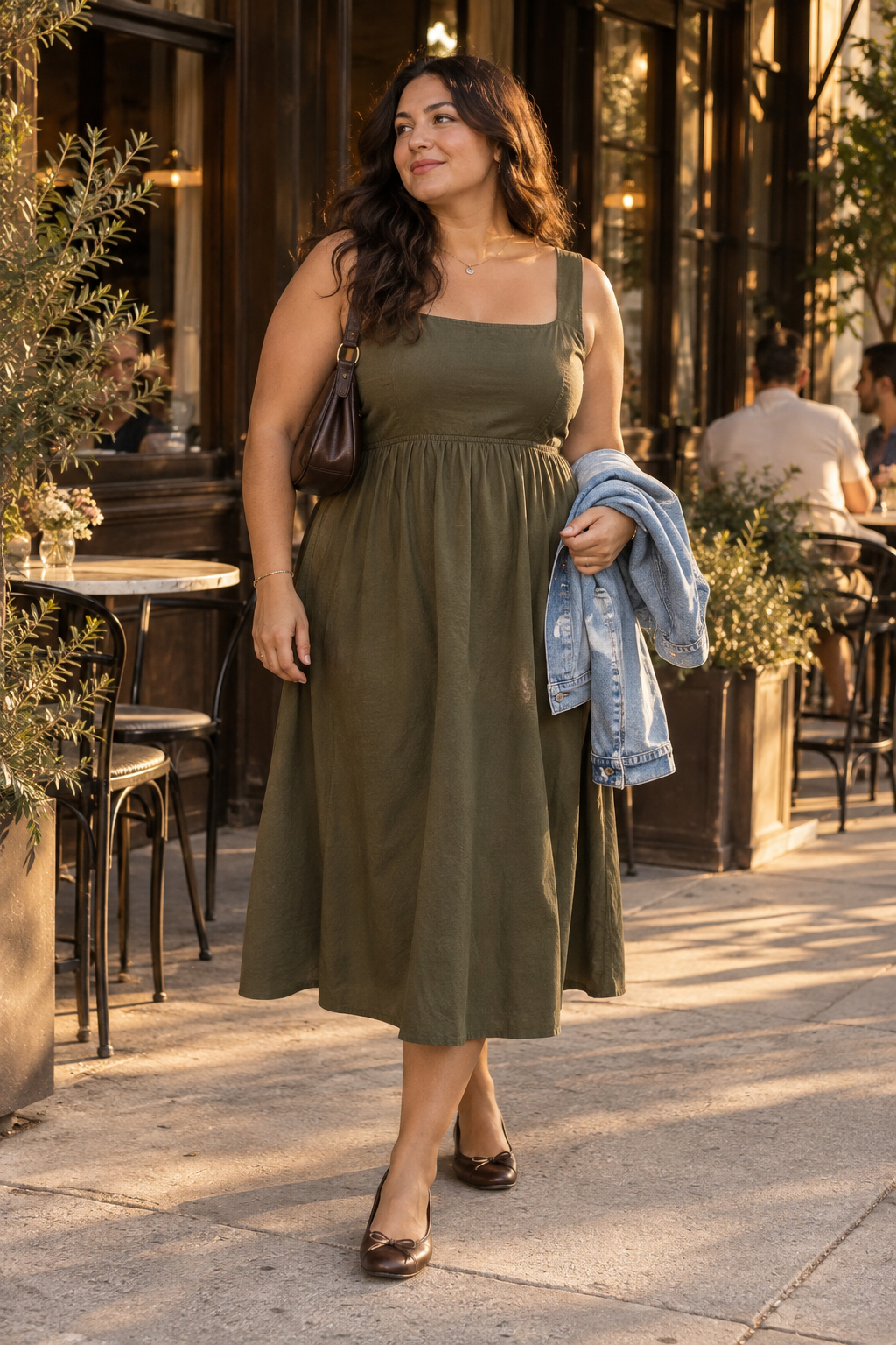 A woman in an olive green midi dress and brown flats walks on a sidewalk, carrying a denim jacket and brown shoulder bag near an outdoor cafe.