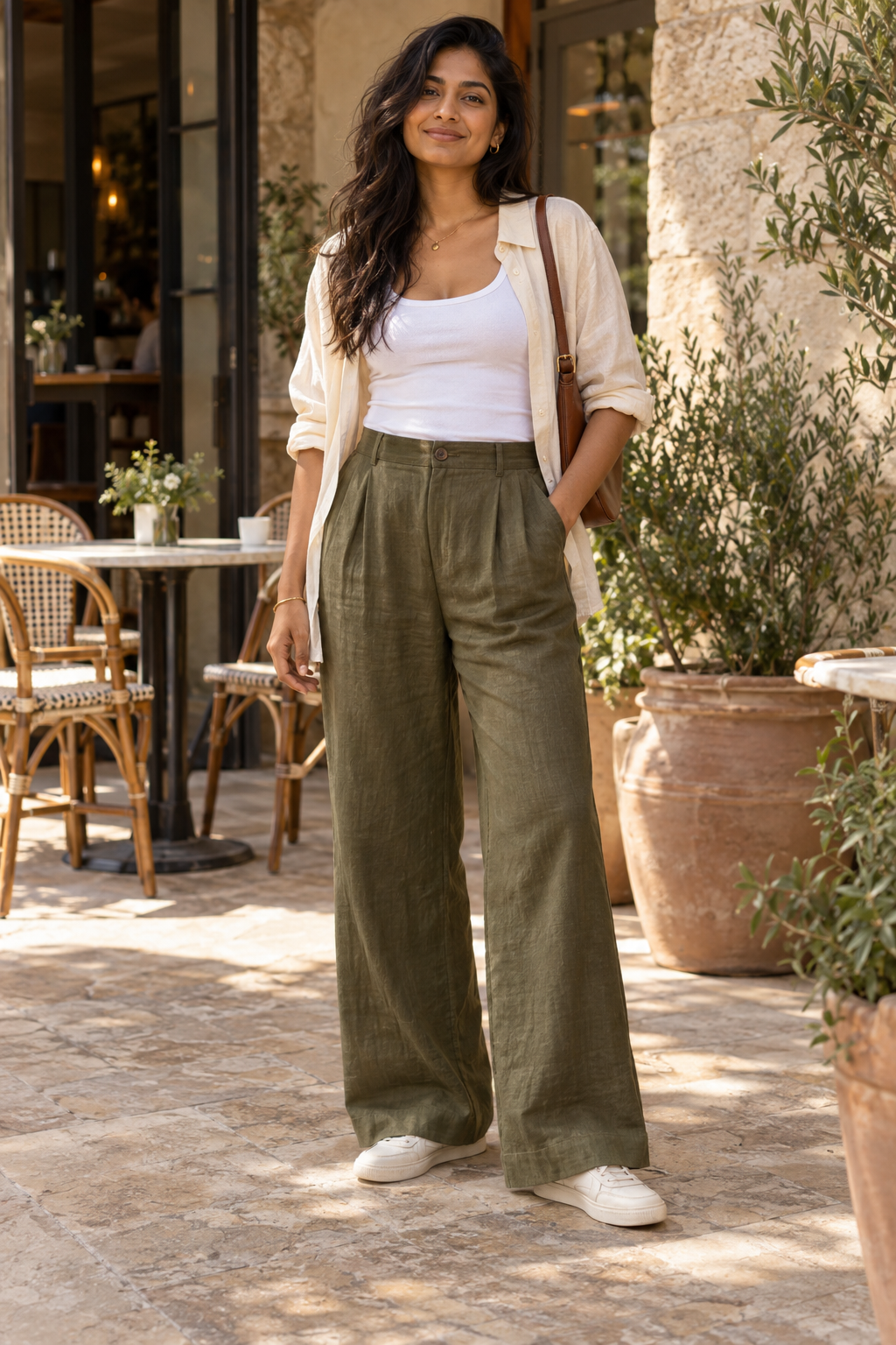 A woman stands on a stone patio wearing olive green wide-leg linen trousers, a white tank top, an unbuttoned cream shirt, and white sneakers, with a brown shoulder bag.
