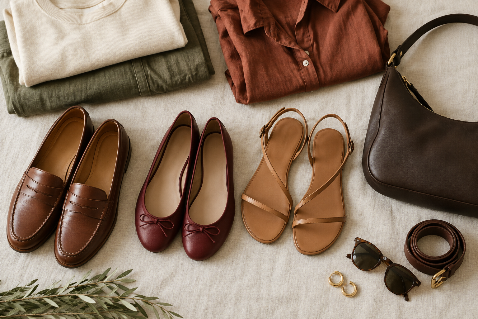 A flat lay of fashion items: folded cream sweater, green pants, rust shirt, brown loafers, burgundy ballet flats, tan sandals, dark bag, sunglasses, belt, and gold hoops.