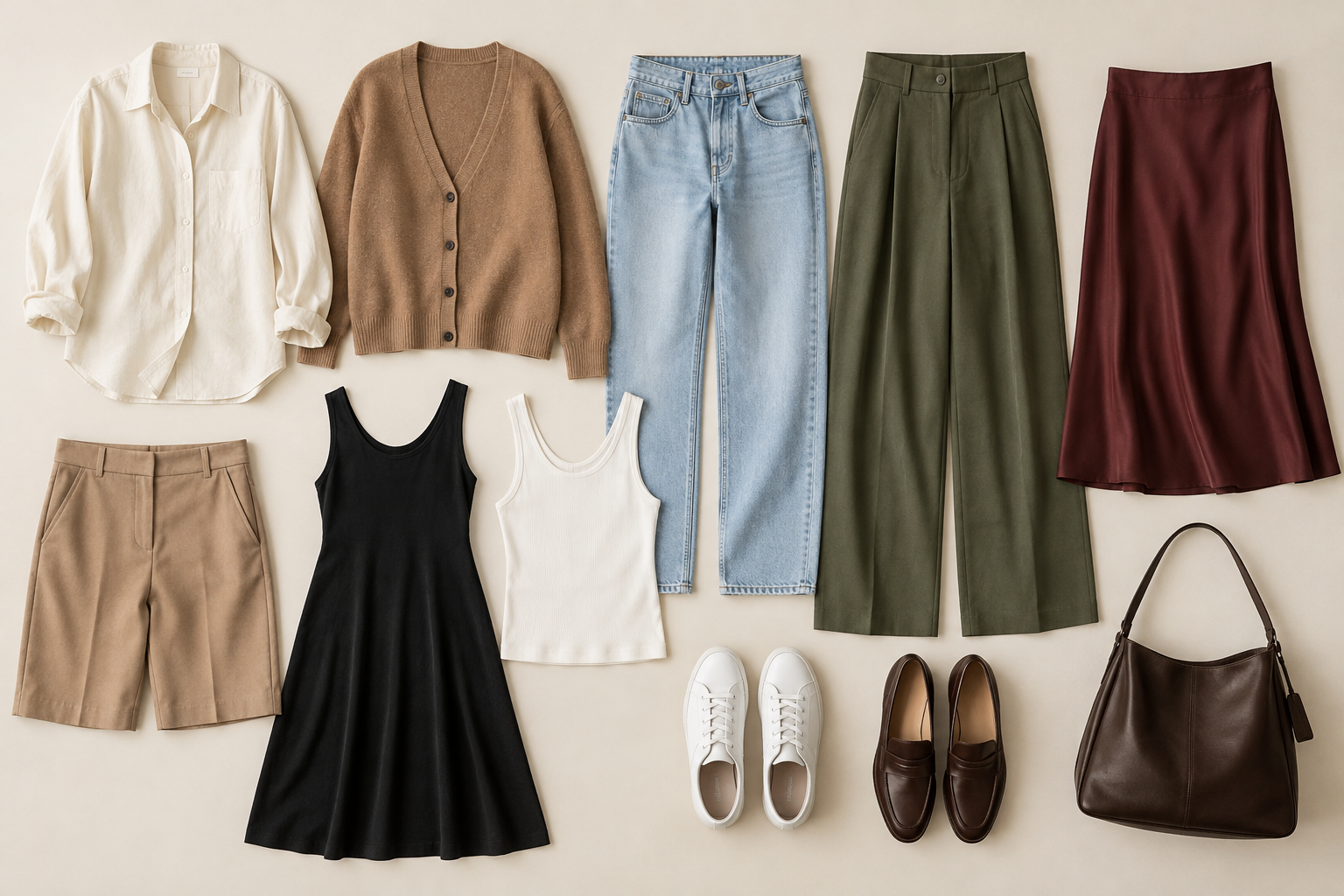 A flat lay of neutral clothing including a white shirt, brown cardigan, jeans, green trousers, burgundy skirt, black dress, white tank, tan shorts, white sneakers, brown loafers, and a brown bag.