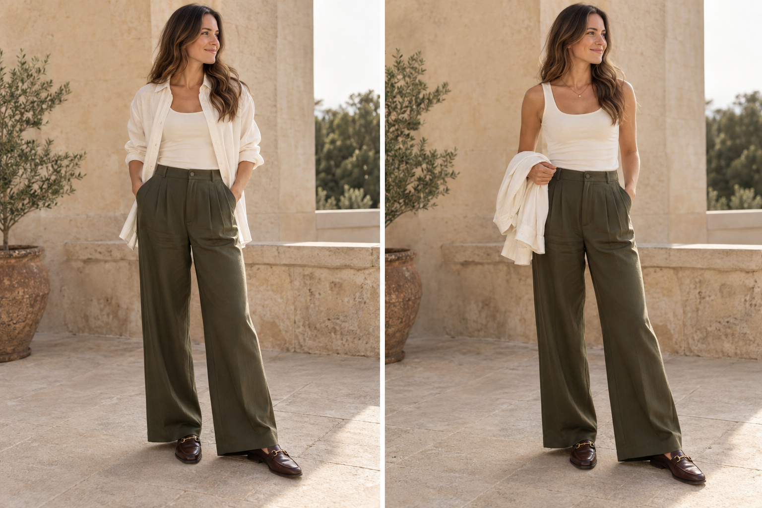 A woman models olive green wide-leg trousers with a white tank top and brown loafers. Left: wearing an unbuttoned white shirt. Right: holding the shirt over her arm on a stone patio.