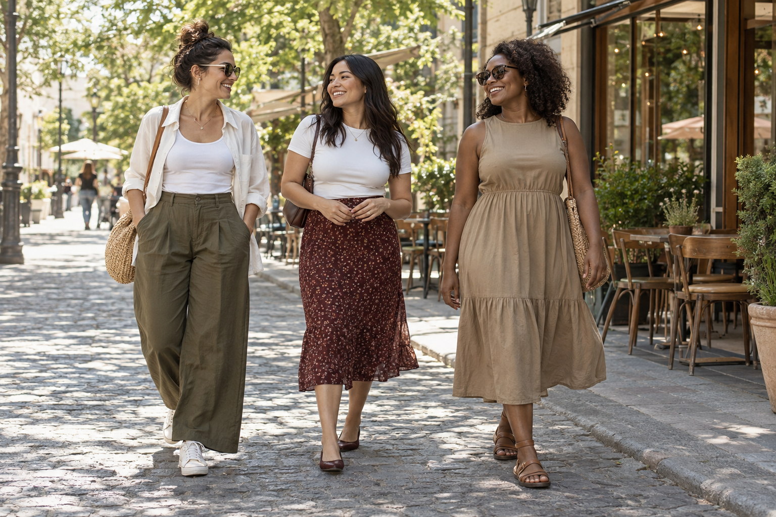 Three diverse women in summer outfits walk and smile together on a sunny cobblestone street lined with trees and outdoor cafe seating.