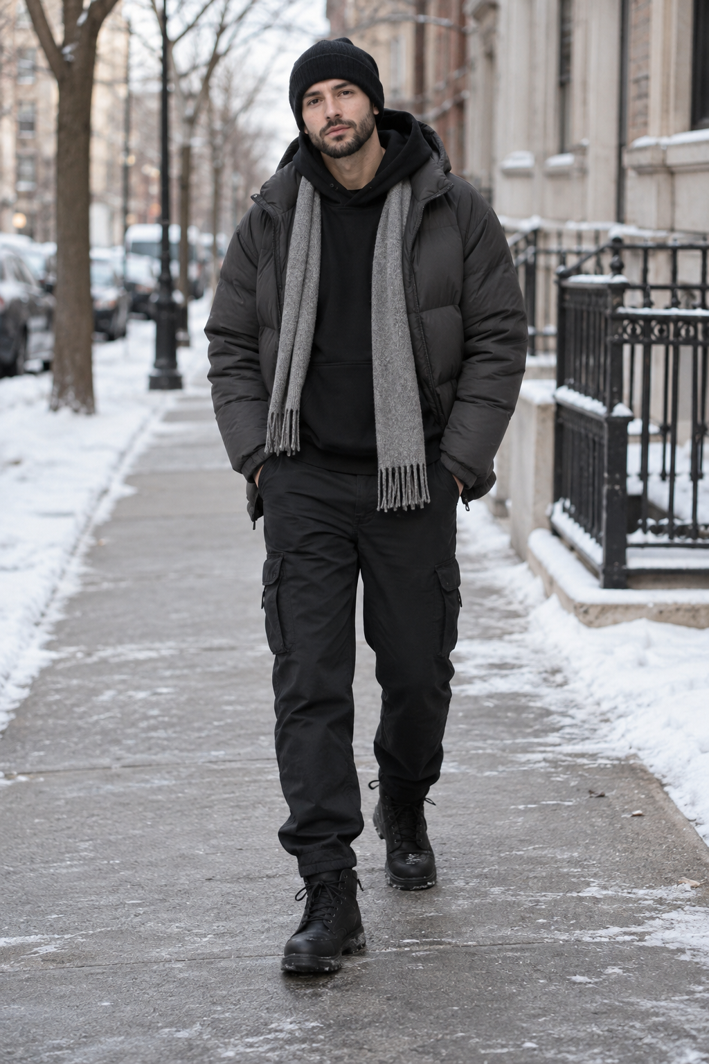 A man in a black beanie, puffer jacket, grey scarf, cargo pants, and boots walks on a snowy city sidewalk with hands in pockets.