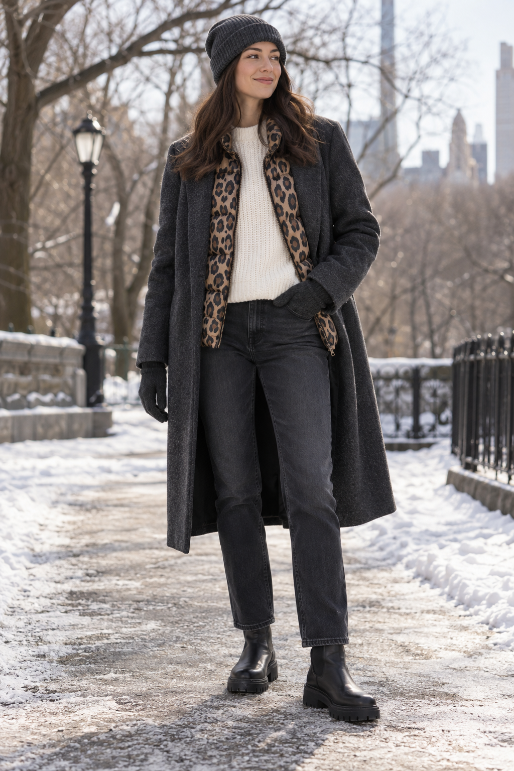 Woman in a snowy park wearing a long grey coat, white sweater, dark jeans, black boots, and a beanie. A leopard-print vest is visible under the open coat.