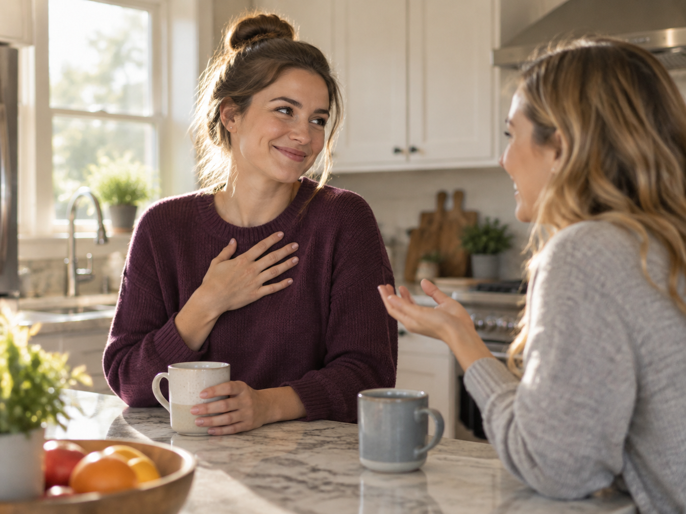 Two friends in a sunny kitchen, one smiling at a compliment