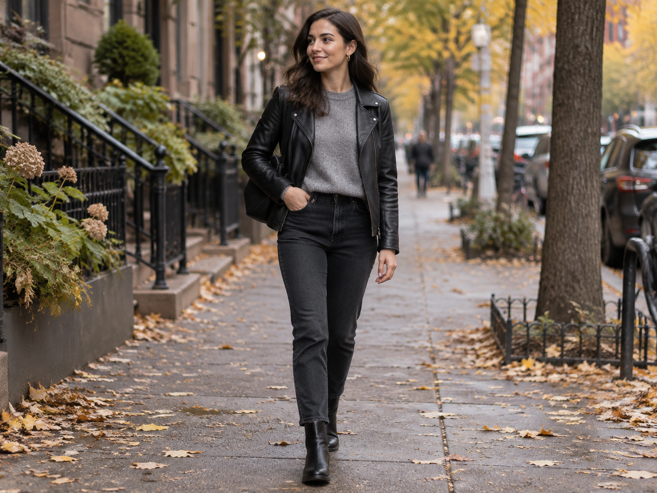 Young woman in a black leather jacket over a gray knit sweater, jeans and small gold earrings