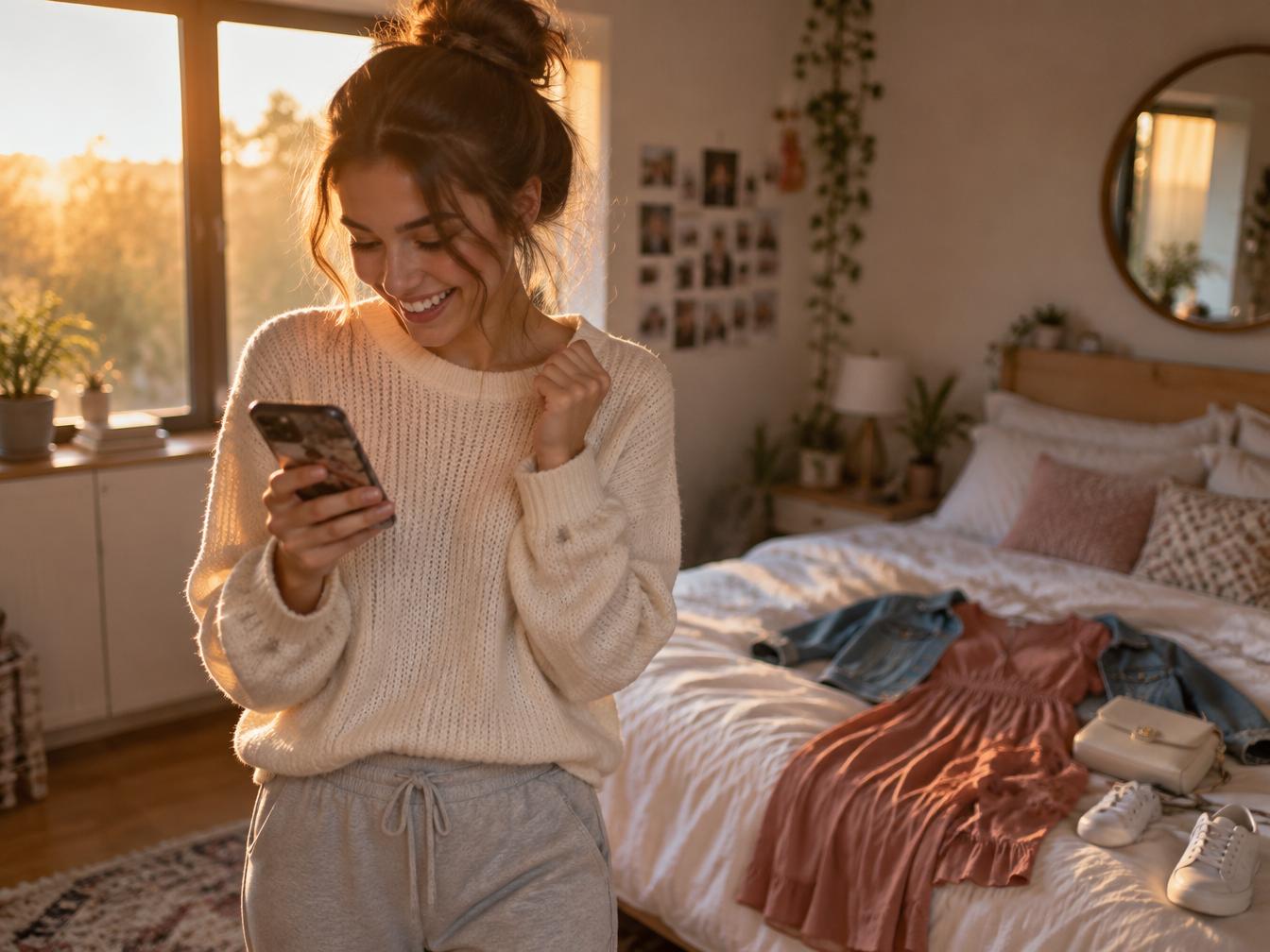 Young woman smiling at her phone in her bedroom with an outfit laid out on the bed