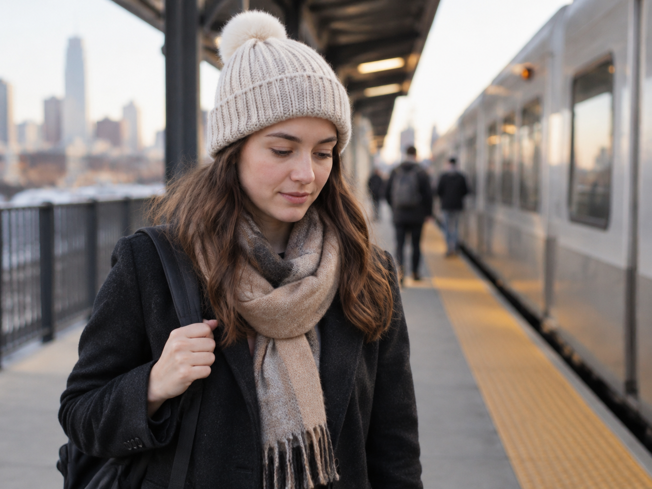 A woman with bare skin walking to a train platform in a knit hat and coat