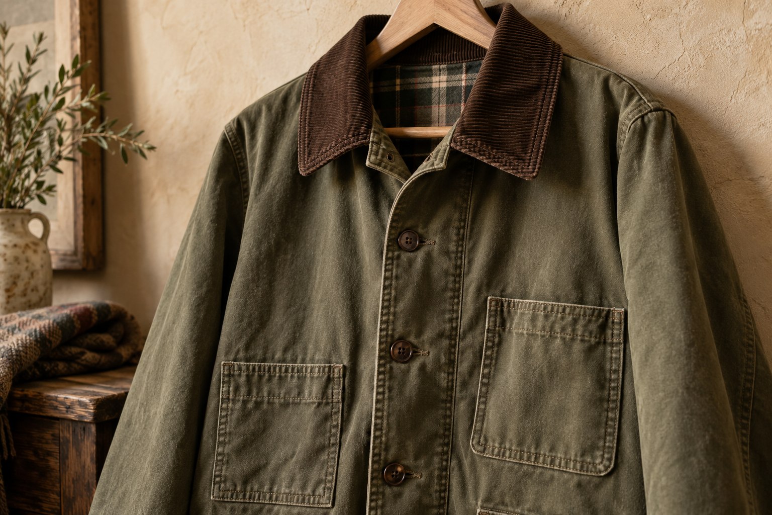 Olive canvas barn jacket showing its corduroy collar, button front and patch pockets.