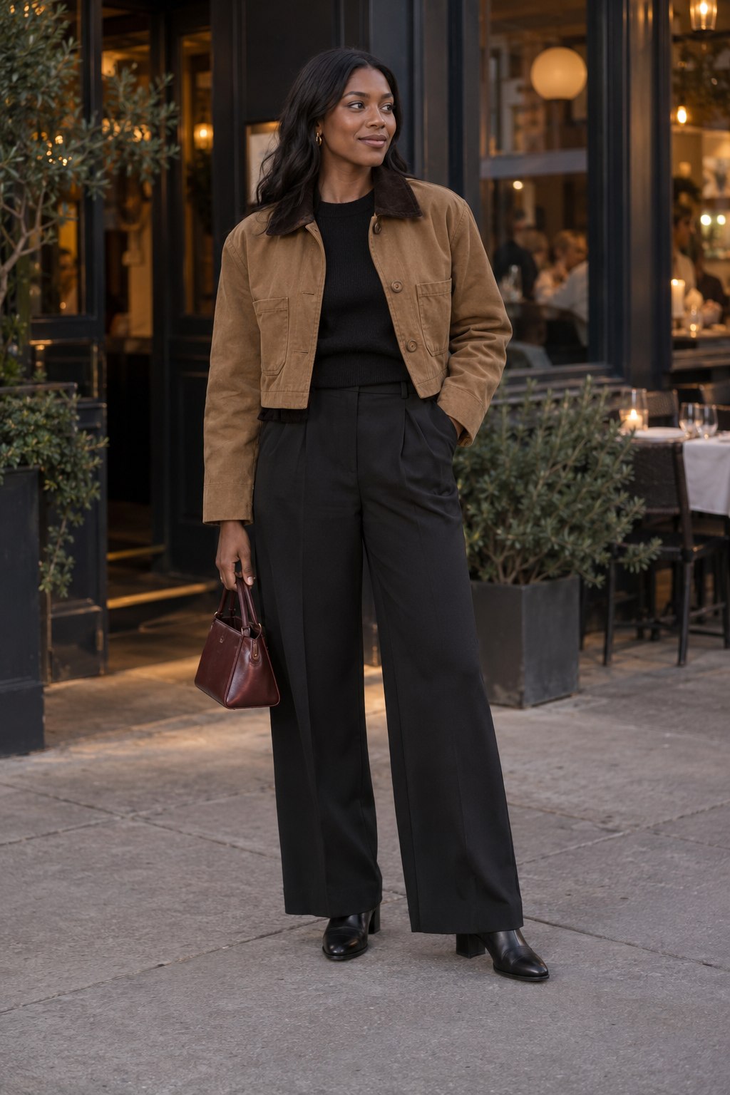 Cropped tan barn jacket over a black top and wide-leg trousers with a burgundy bag.