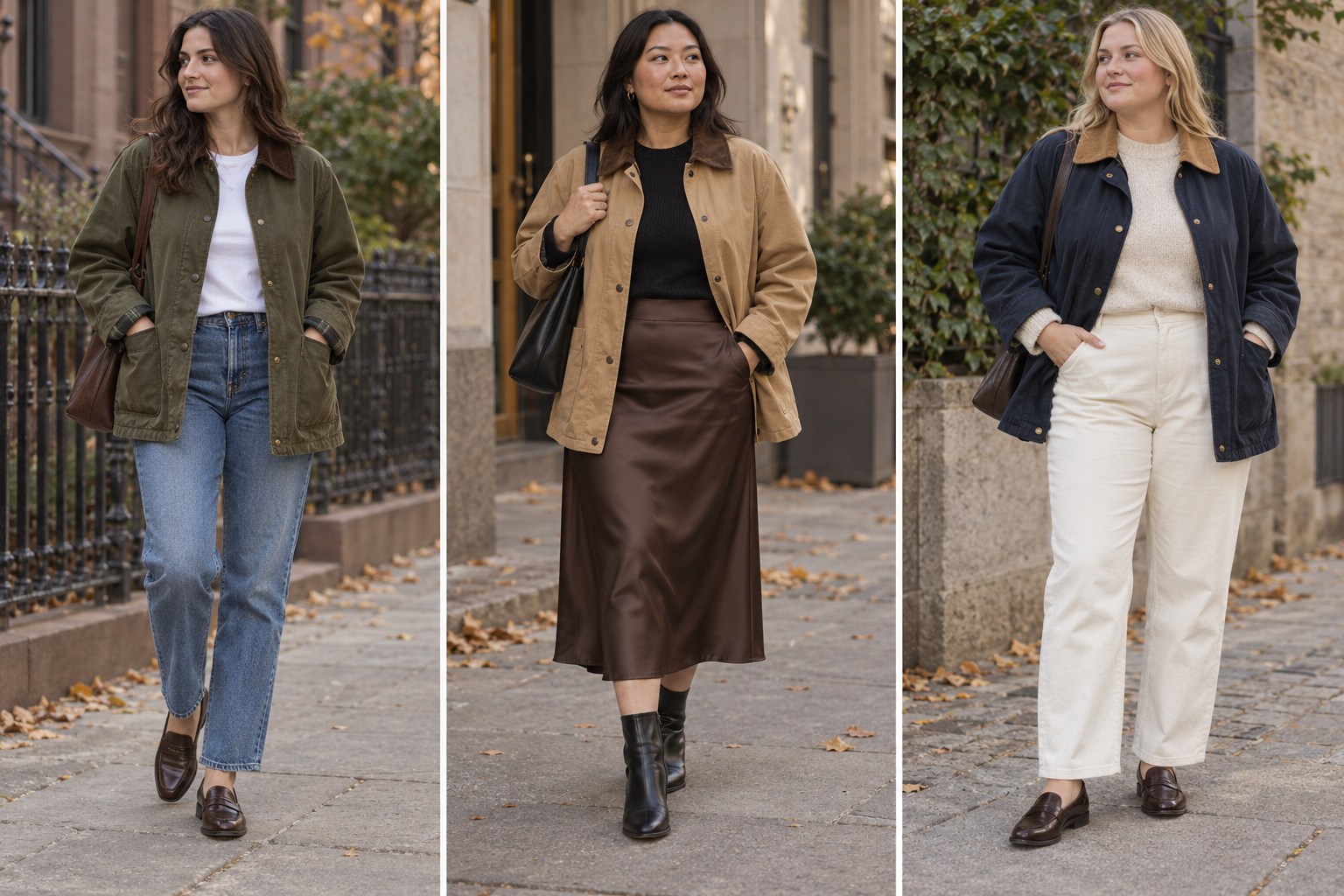 Three barn jacket outfits with straight blue jeans, a chocolate satin midi skirt, and cream trousers.
