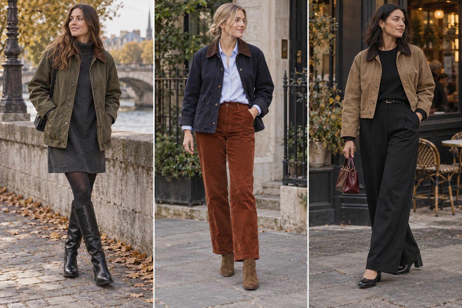 Barn jacket outfits featuring a charcoal knit dress, rust corduroy trousers, and an all-black evening base.