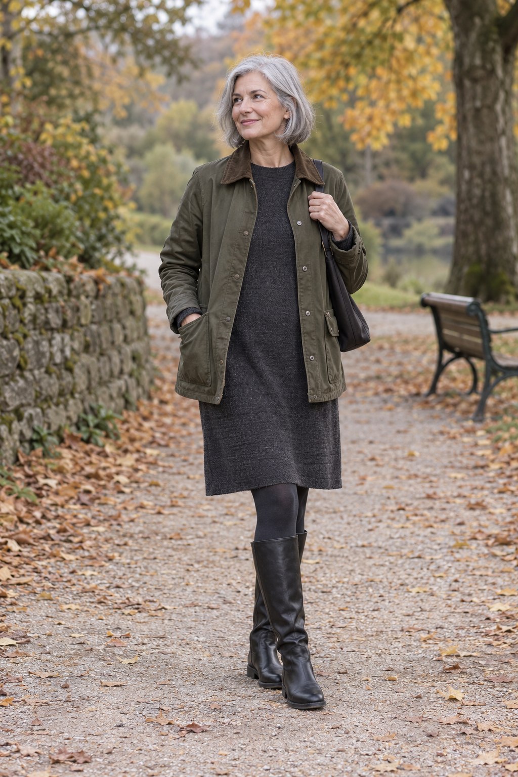 Olive barn jacket layered over a charcoal knit dress with tights and flat knee boots.