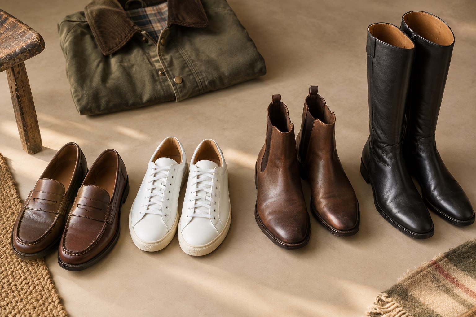 Loafers, white sneakers, ankle boots and knee-high boots for barn jacket outfits.