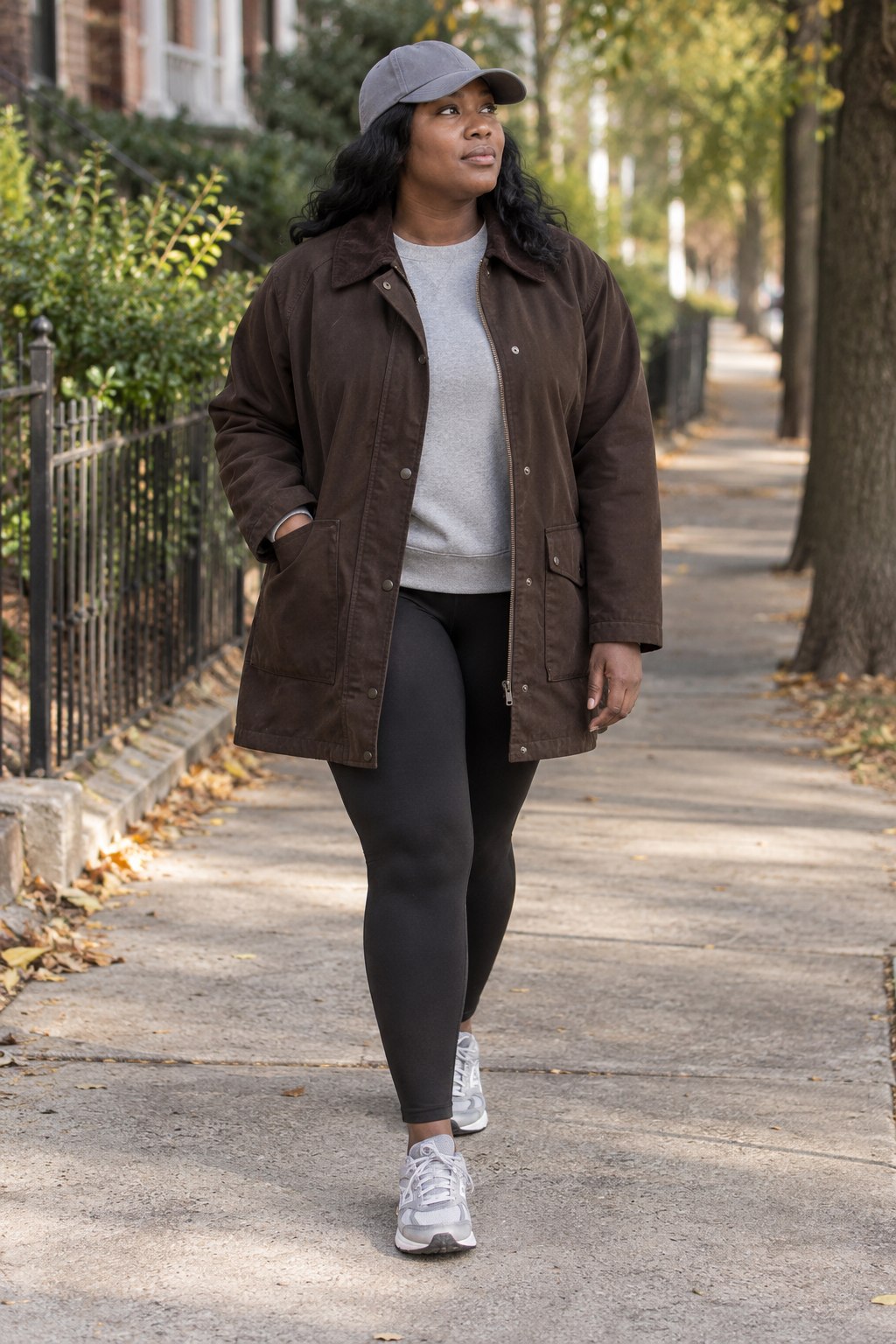 Long chocolate barn jacket with a gray sweatshirt, black leggings and sneakers.
