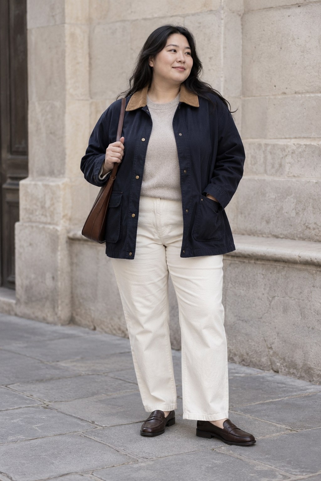 Navy barn jacket with an oatmeal sweater, cream trousers and brown loafers.