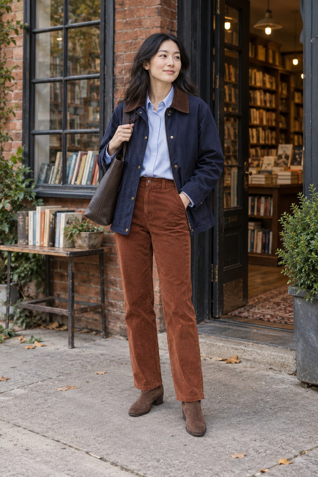 Navy barn jacket with a pale blue shirt, rust corduroy trousers and suede ankle boots.