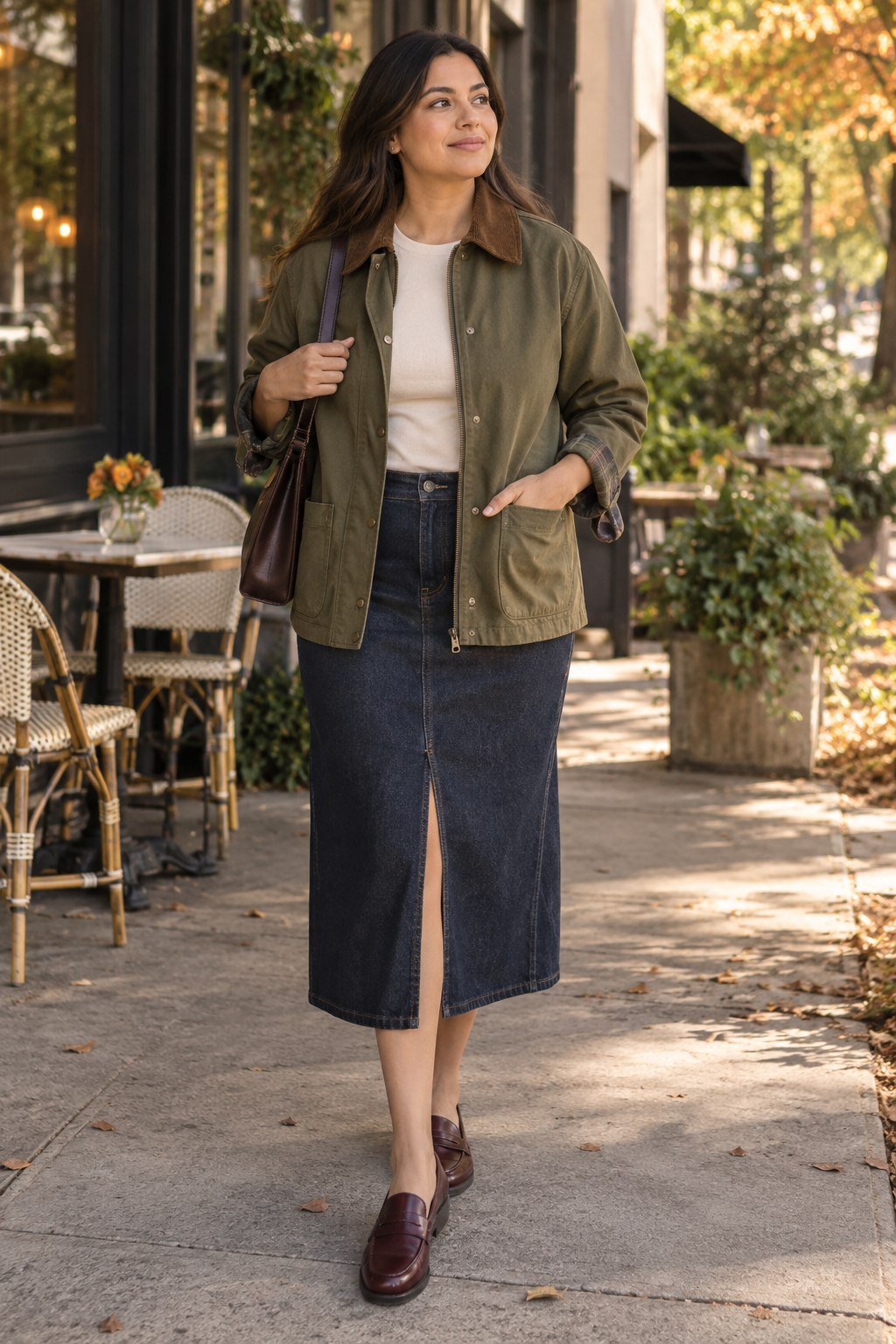 Olive barn jacket with an indigo denim midi skirt and burgundy loafers.