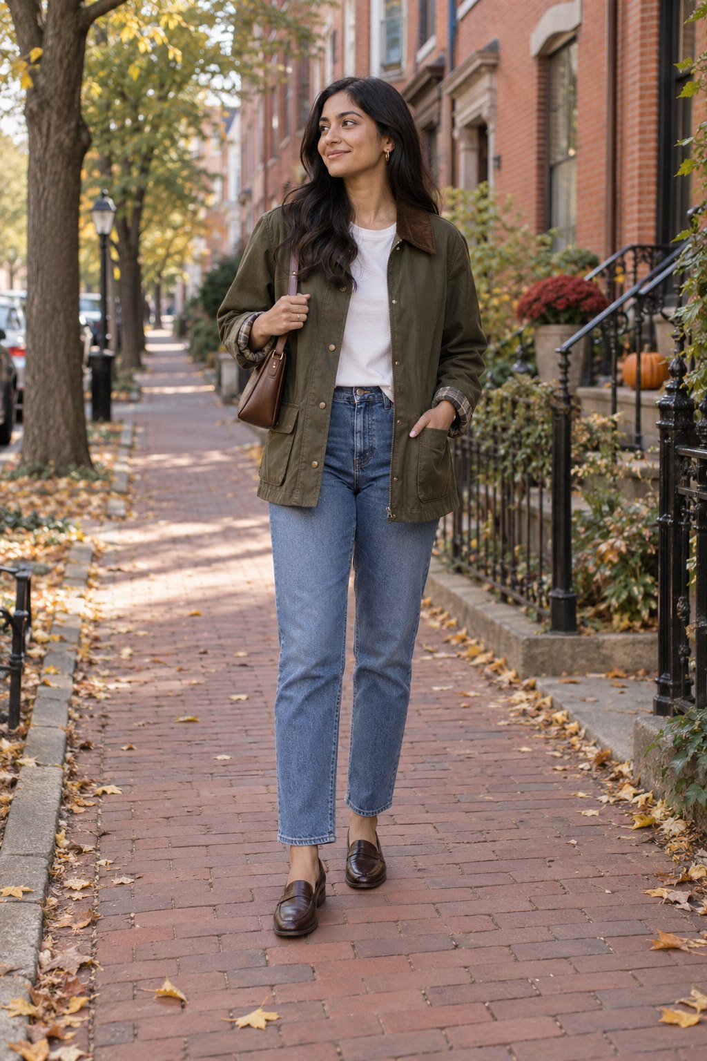 Olive barn jacket with a white tee, straight blue jeans and brown loafers.