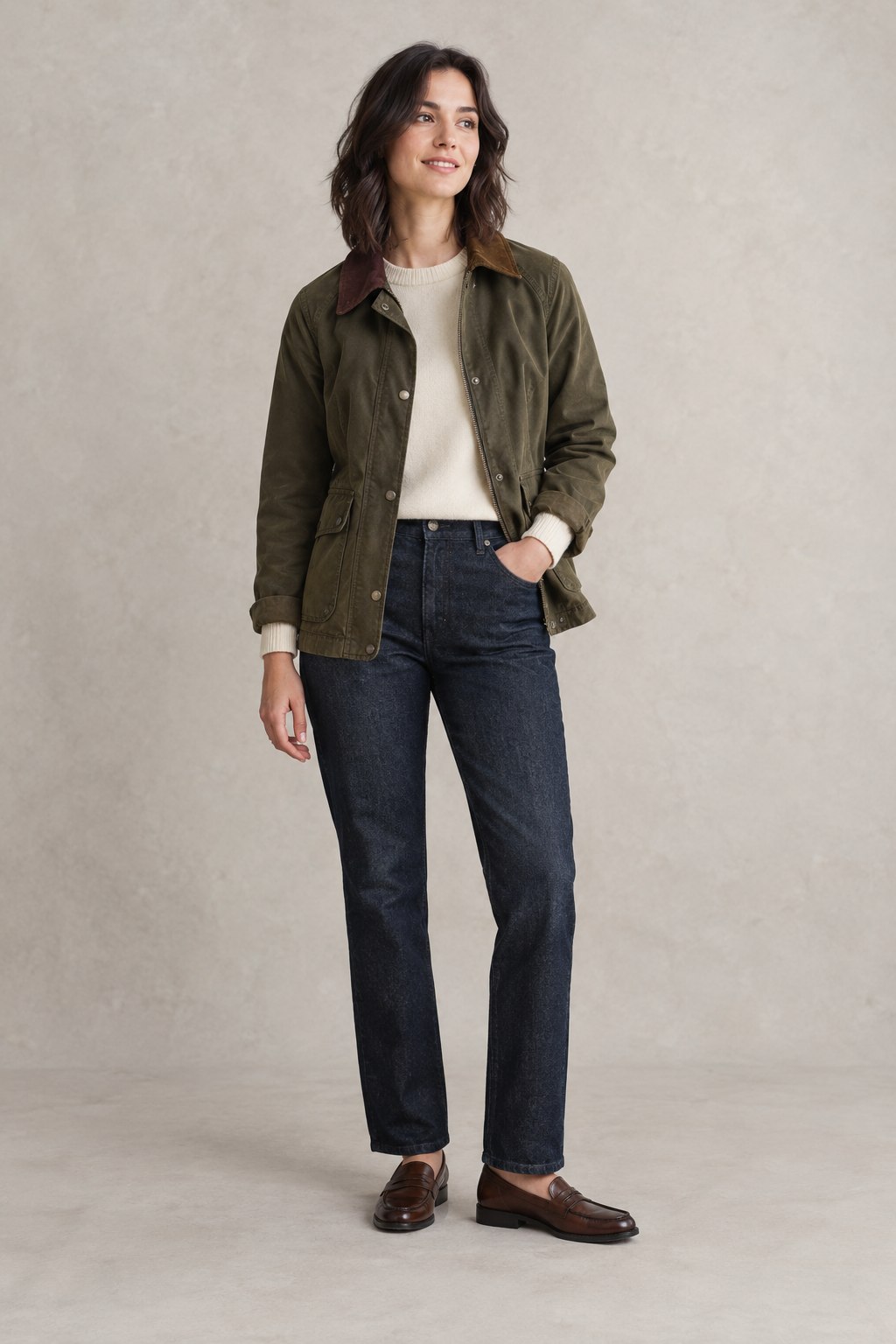 Comfortably fitted olive barn jacket with a thin sweater and dark jeans.