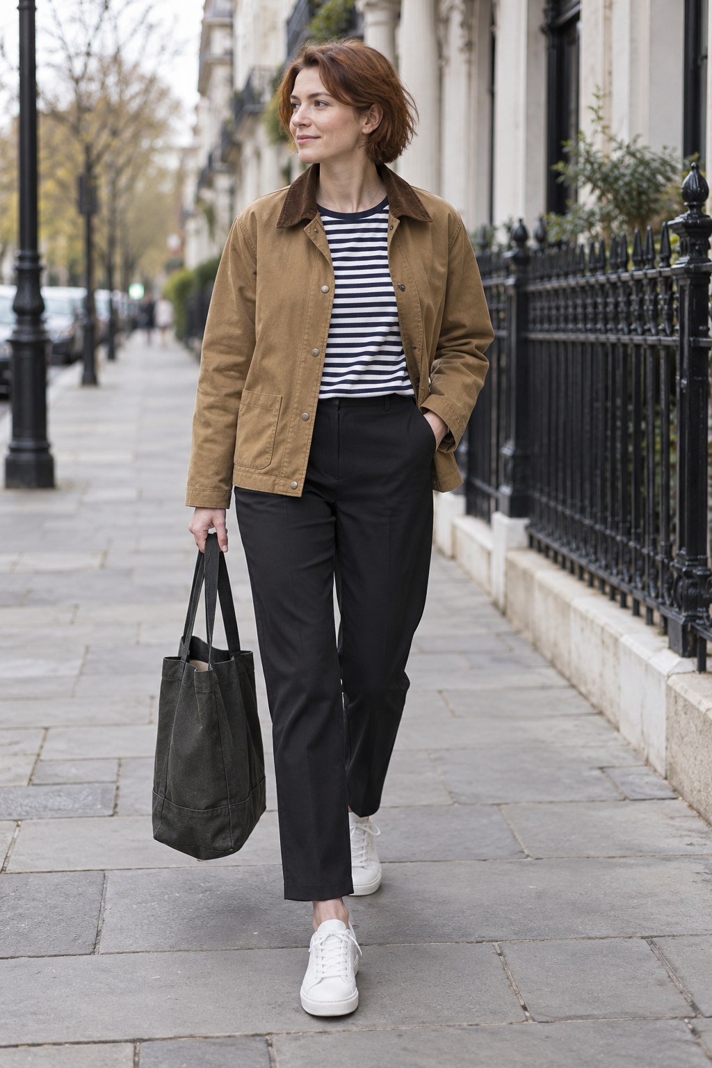 Tan barn jacket with a striped tee, black ankle trousers and white sneakers.