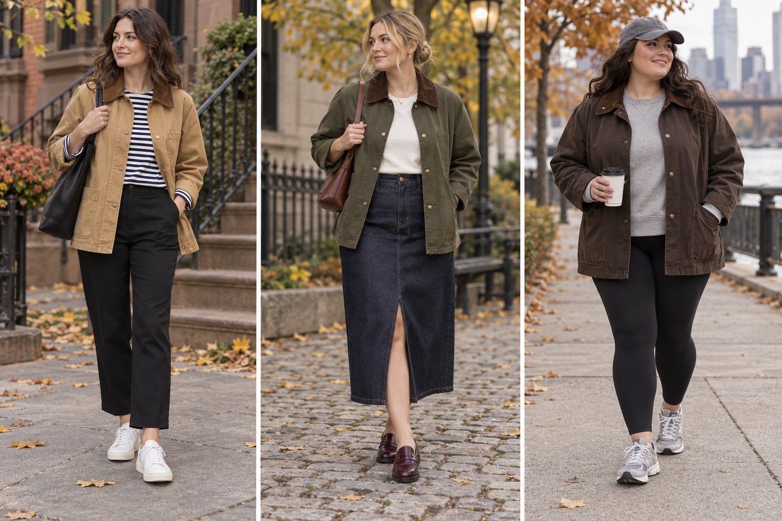 Barn jackets styled with a striped tee and sneakers, an indigo denim midi skirt, and black leggings.